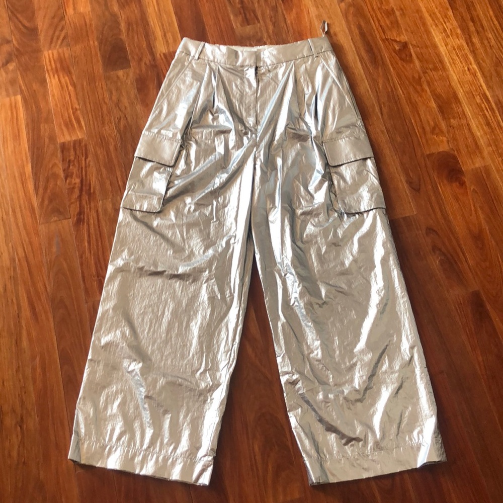 Tibi Metallic Silver Wide-Leg Cargo Pants